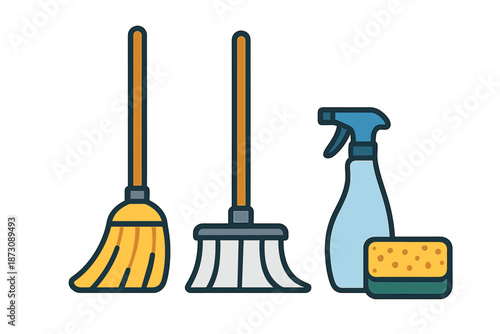 Cleaning tools arranged on a flat surface with a broom, mop, spray bottle, and sponge present