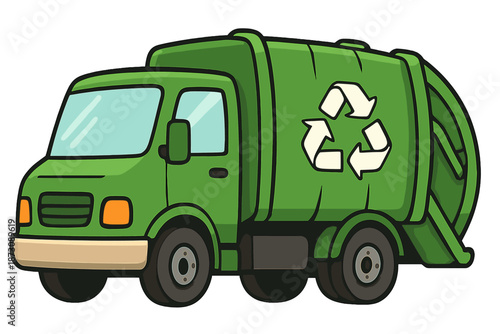 Green garbage truck collecting recycling materials in a city street during daylight hours for waste management