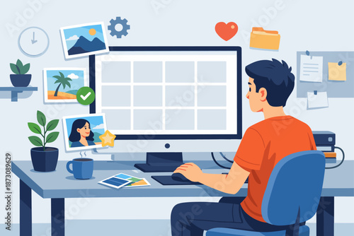 Young hispanic male working at home office desk with computer and photos