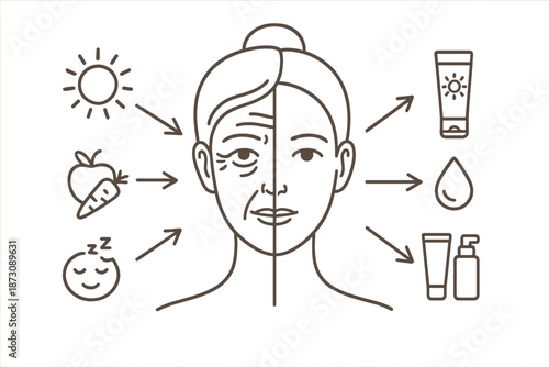 Understanding skin health with sunlight, diet, hydration, and skin care products mapped through a simple graphic
