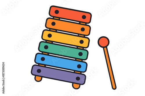 Colorful xylophone with a stick placed beside it on a blank background during a creative arts session