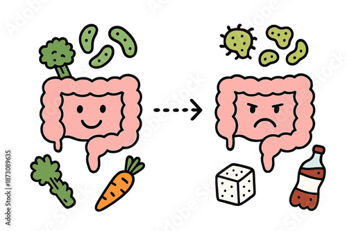 Diagram showing gut health changes with different foods and drinks affecting bacteria balance over time