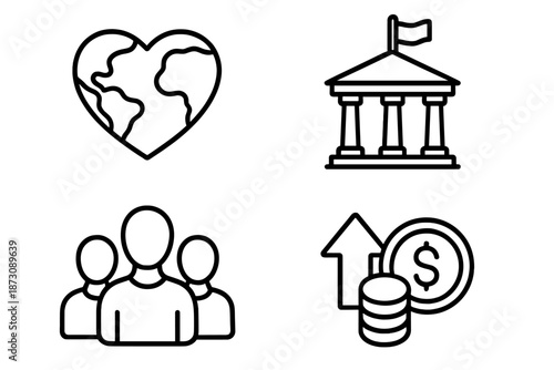 Symbols representing global connection, governance, community, and financial growth in a simple layout