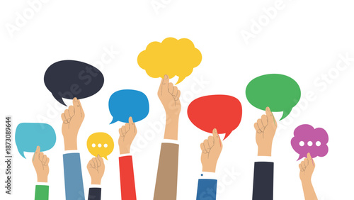 Group of diverse hands holding up various colorful speech bubbles representing public opinion and collective communication.