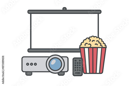 Home movie night setup with projector, screen, and popcorn ready for viewing fun at home