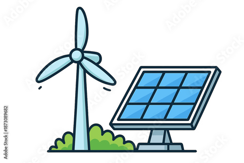 Wind turbine and solar panel are shown together in a modern renewable energy setup at an outdoor location