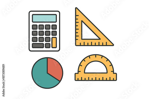 Tools for math tasks shown on a flat surface including a calculator, ruler, protractor, and pie chart