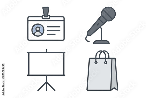 Items related to a business conference showing a badge, microphone, presentation board, and bag for materials