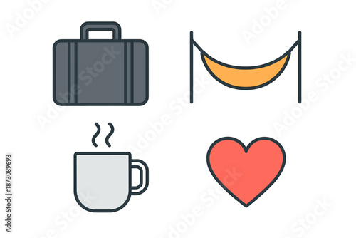 Travel essentials for a relaxing vacation including coffee, hammock, suitcase, and heart symbol