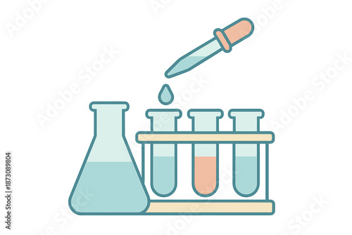 Test tubes and flask with dropper used in science experiments at a lab setting during daytime