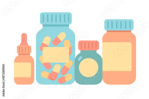 Various containers filled with different types of medications displayed on a plain background