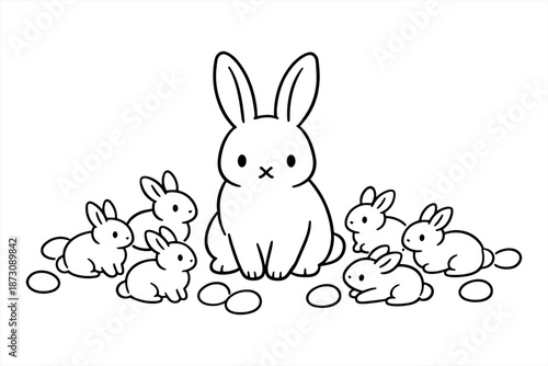 Cute cartoon bunny family surrounded by eggs in black and white drawing