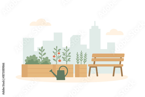 Urban garden with plants and a bench in a city setting with buildings in the background during daytime