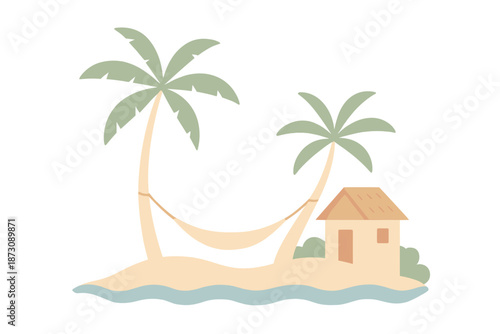 Hammock hanging between palm trees near a small house on a sandy beach with gentle ocean waves