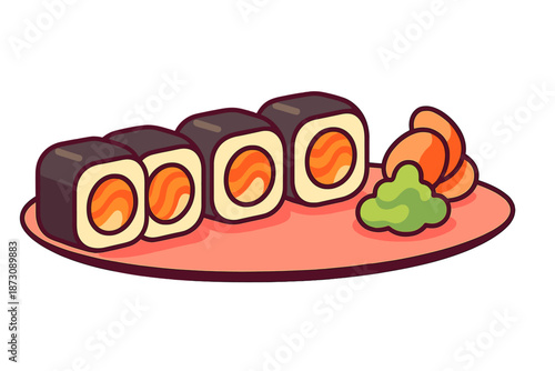 Sushi rolls with salmon and wasabi served on a plate with ginger slices