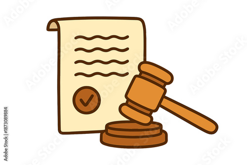Court document and gavel on wooden block used in legal proceedings for making decisions and enforcing laws in a courtroom setting
