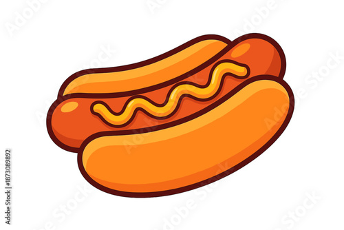 Drawing of a hot dog with mustard on a bun placed on a white background for simple food illustration