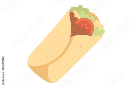 Delicious wrap filled with beans, cheese, lettuce, and tomato on a white background at lunchtime