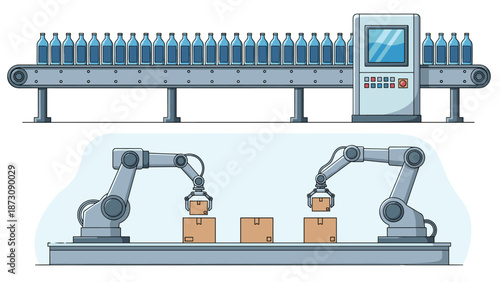 Modern automated factory production line showing bottled beverages on a conveyor belt and robotic arms packing boxes.