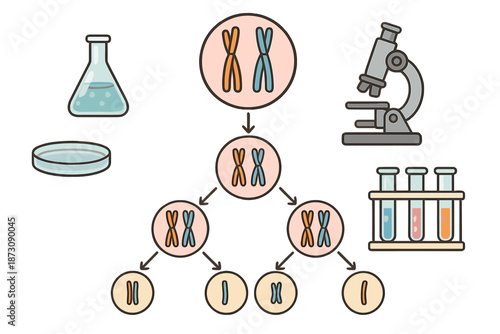 Graphic showing research concepts related to chromosomes with lab tools in a science setting during the day
