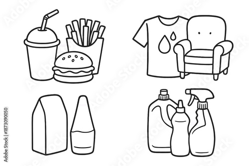 Food items and household products arranged in groups with simple line drawings in a black and white style