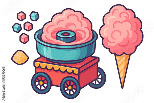 Cotton candy machine prepares fluffy pink treat at a fair in the afternoon near children and families