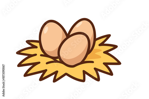 Nest with three eggs sitting on straw