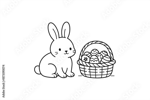 Cute bunny with easter egg basket in simple line art illustration
