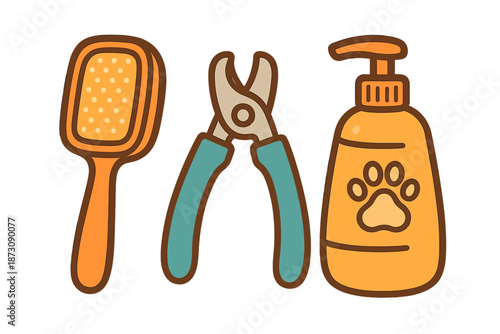 Tools for pet grooming, including a brush, nail clippers, and shampoo placed together for easy access during grooming time