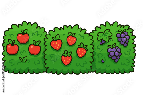 Fruit bushes showing apples, strawberries, and grapes in a garden setting during daylight