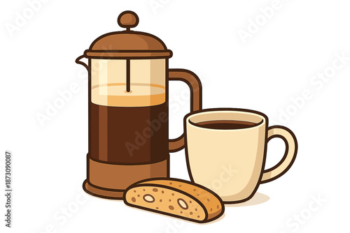 Freshly brewed coffee with a French press and a biscuit on a simple table setting
