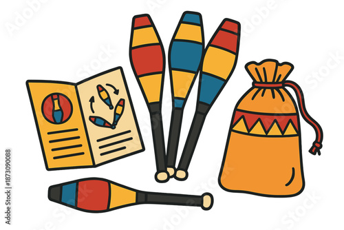 Jugglers use colorful pins and a manual in a bag for practice, showcasing skills in juggling near a busy area in summer