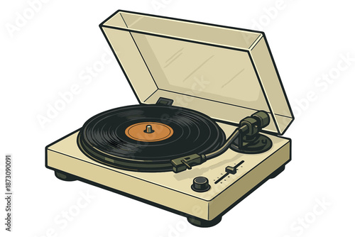 Vintage record player with open lid and vinyl record spinning on the turntable at home on a sunny afternoon