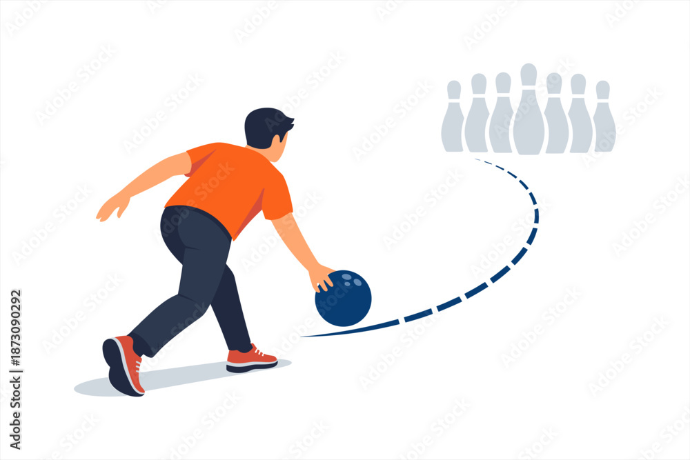Fototapeta premium Young male bowling: caucasian teen in action with ball and pins