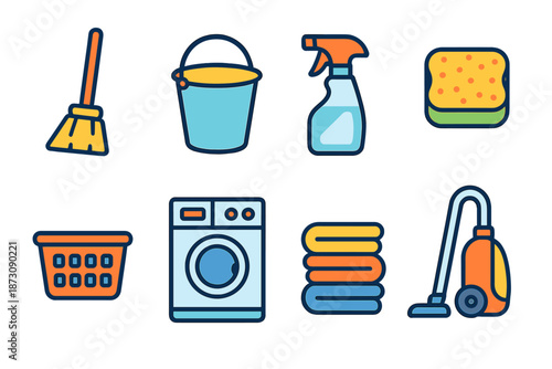 Cleaning tools and supplies arranged in a simple layout for household chores and cleaning tasks in a domestic setting