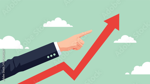 Businessman's hand points toward a rising red arrow graph across a green sky indicating rapid financial growth and success.