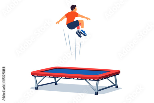 Young caucasian male jumping on trampoline with dynamic pose