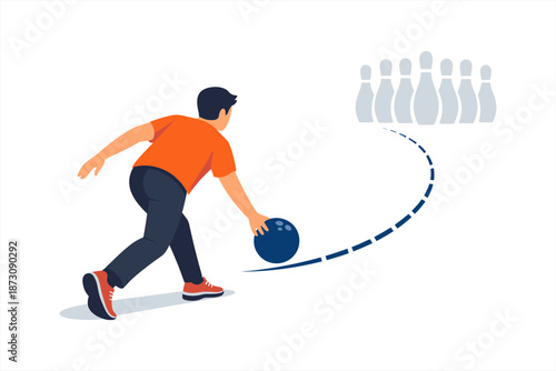 Young male bowling: caucasian teen in action with ball and pins