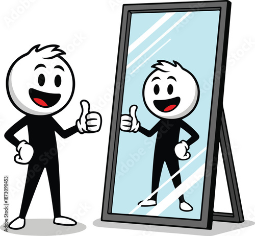 Stickman character giving thumbs up to his reflection in a mirror.