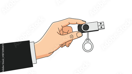Hand in a business suit holds a silver and black usb flash drive keychain against a plain white background for data storage.