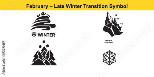February Late Winter Transition Symbols with Snowflakes Ice and Trees on White
