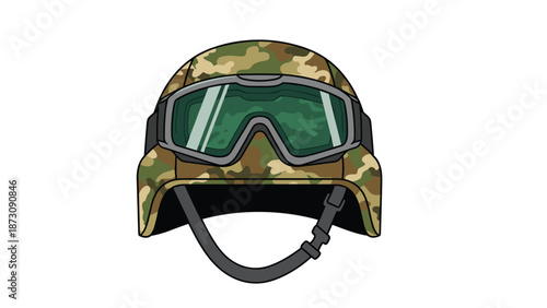 Tactical military helmet with camouflage pattern and green protective goggles isolated on a white background for combat equipment.