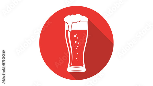 Graphic icon of a tall glass filled with beer and white foam on top, set within a red circle with a long shadow effect.