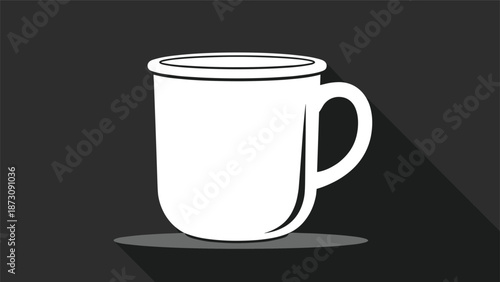 Simple white ceramic mug or cup with a handle, isolated on a dark grey background with a long shadow effect for clean design.