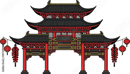Traditional Chinese Pagoda Gate with Red Lanterns.