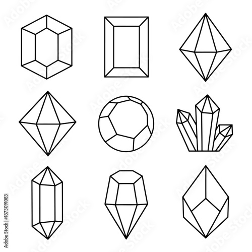 Collection of geometric polyhedral shapes in line art style