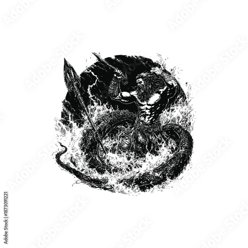 Powerful god Poseidon or Neptune fighting sea monster tentacles in stormy ocean vintage illustration