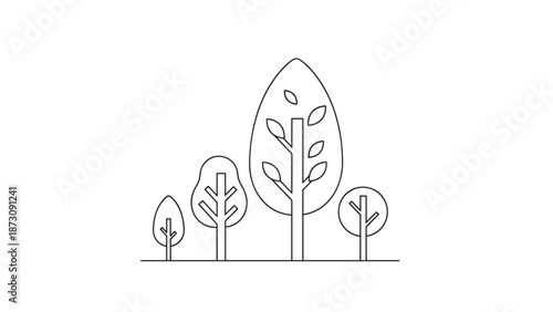 Minimalist line art illustration of four trees of varying heights and shapes standing on a single horizontal line on a white background.