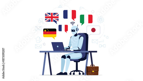 Smart white robot sitting at a desk and using a laptop computer while surrounded by icons of different national flags and messages.