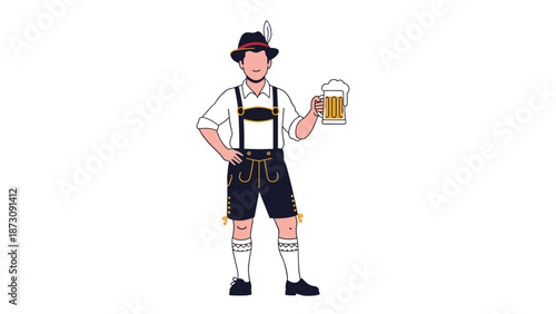 Man dressed in traditional German Bavarian lederhosen outfit with a hat holding a large glass of frothy beer, isolated on white.
